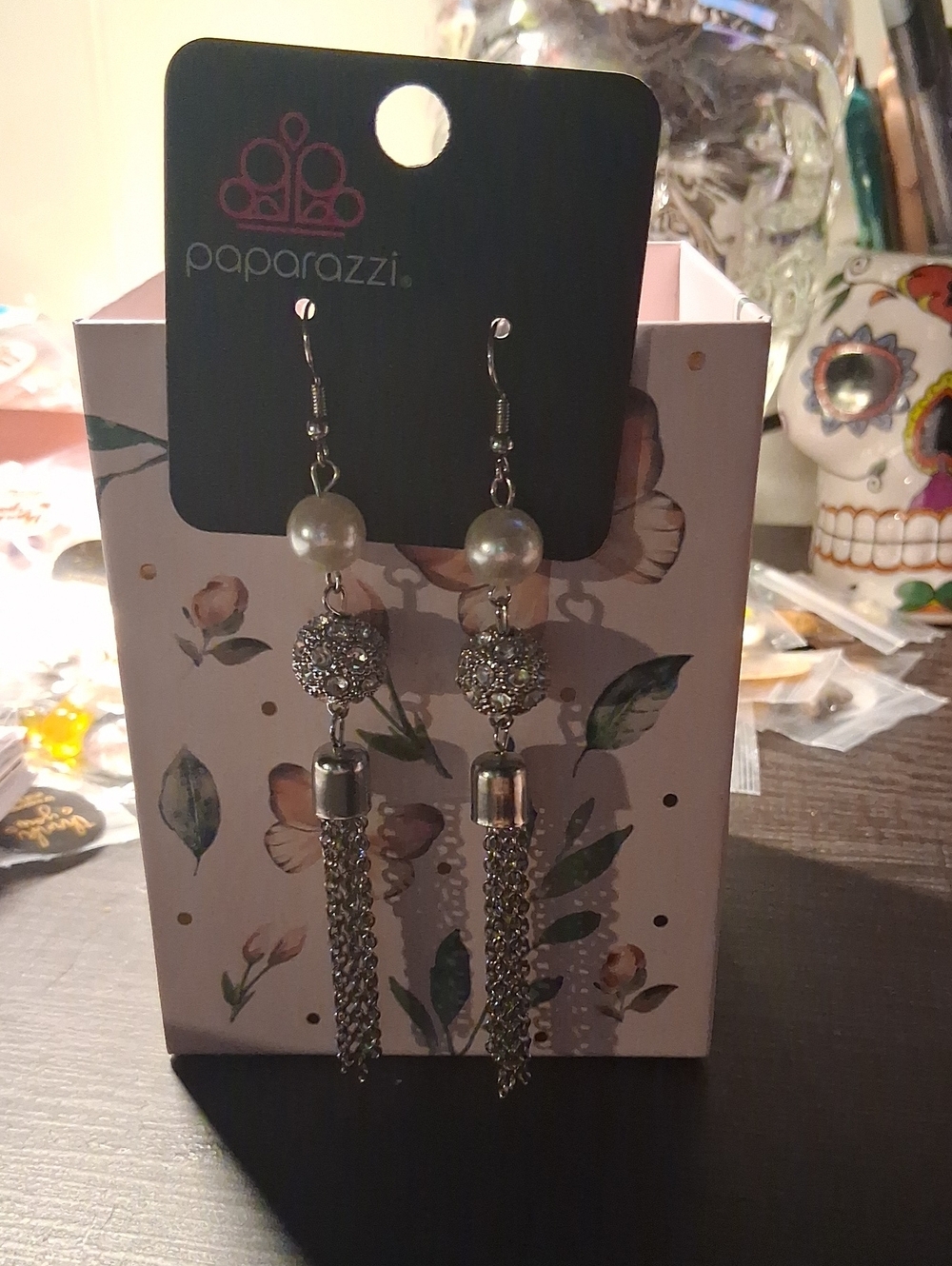 paparazzi Silver Faux Pearl Crystal Tassel Drop Earrings